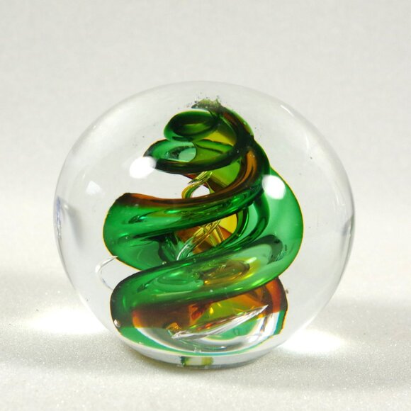 Signed Marian Pyrcak Handblown Crystal Art Glass Paperweight Green Copper Poland - Picture 3 of 5